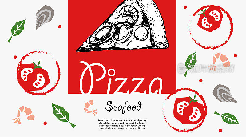 意大利披萨设计模板。披萨Frutti Di Mare(海鲜)手绘草图风格和扁平现代风格的披萨配料。最适合传单，菜单设计，横幅，包装和其他。矢量插图。